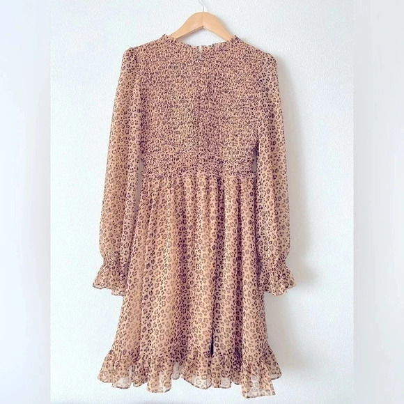 Rachel Parcell Leopard Print Tan Brown Smocked Puff Sleeve Mini Dress Size Small - Picture 4 of 11